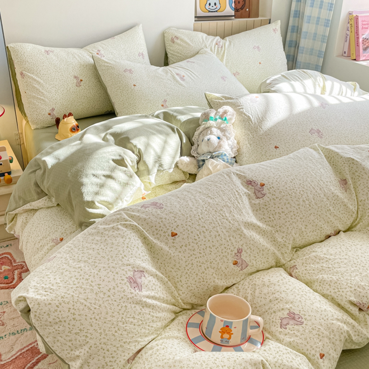 91家纺网 家纺一手货源 找家纺 云玲时尚 2026新款古法水洗仿棉云感纱四件套 绿荫兔子