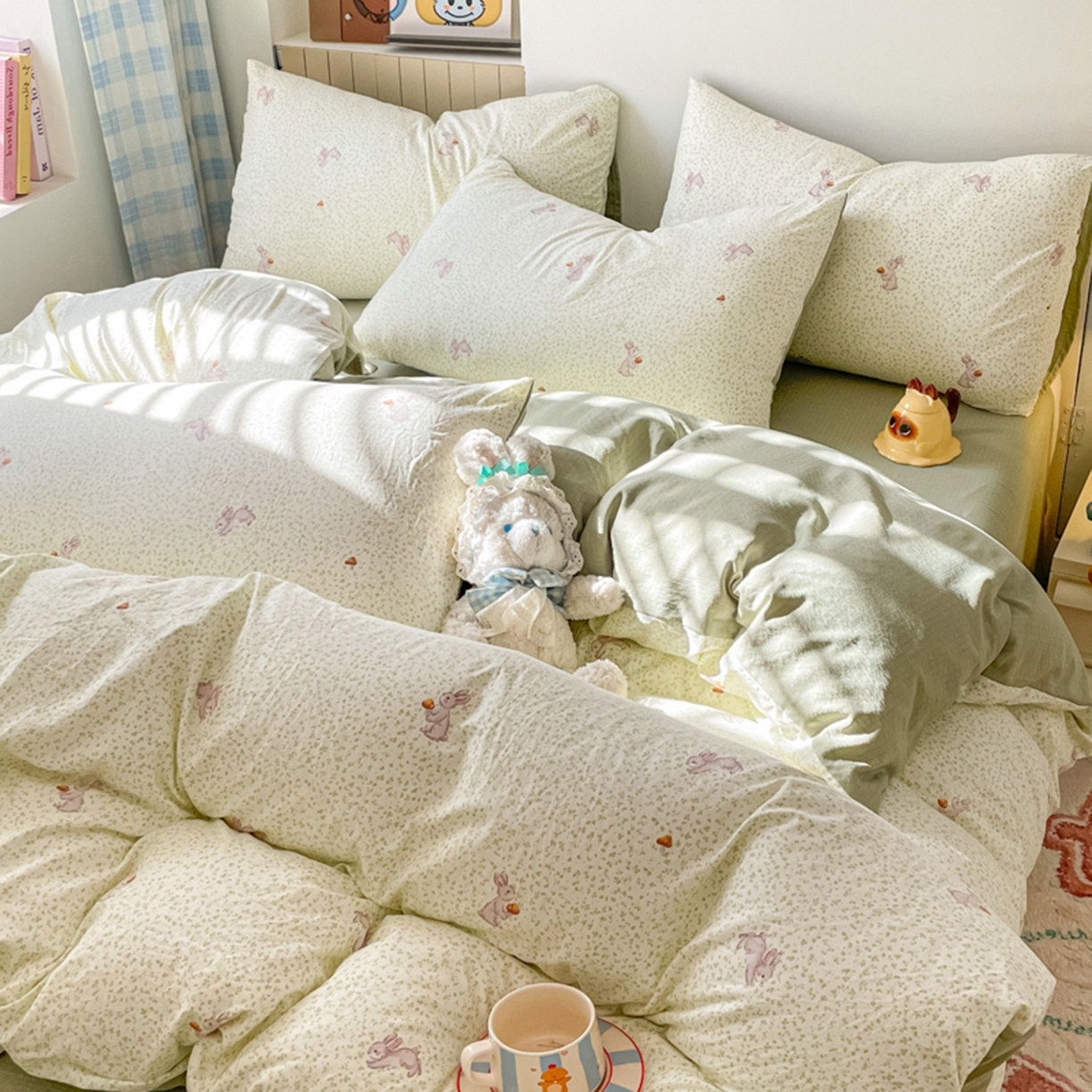 91家纺网 家纺一手货源 找家纺 云玲时尚 2026新款古法水洗仿棉云感纱四件套 绿荫兔子