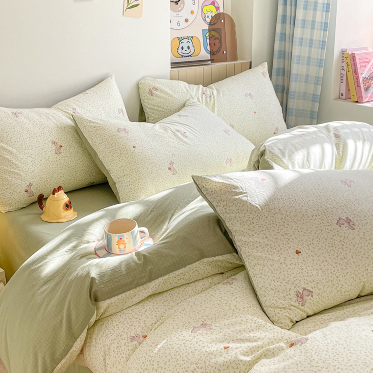 91家纺网 家纺一手货源 找家纺 云玲时尚 2026新款古法水洗仿棉云感纱四件套 绿荫兔子