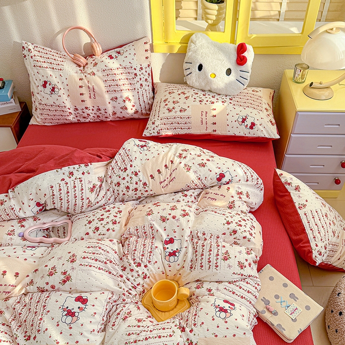 云玲时尚 2026新款云感双层纱印花四件套 花漾Kitty