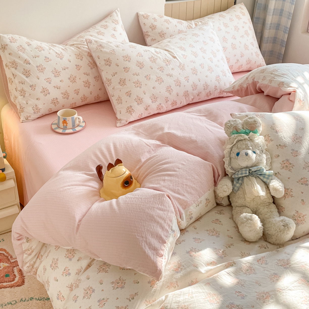 91家纺网 家纺一手货源 找家纺 云玲时尚 2026新款古法水洗仿棉云感纱四件套 梦境花园