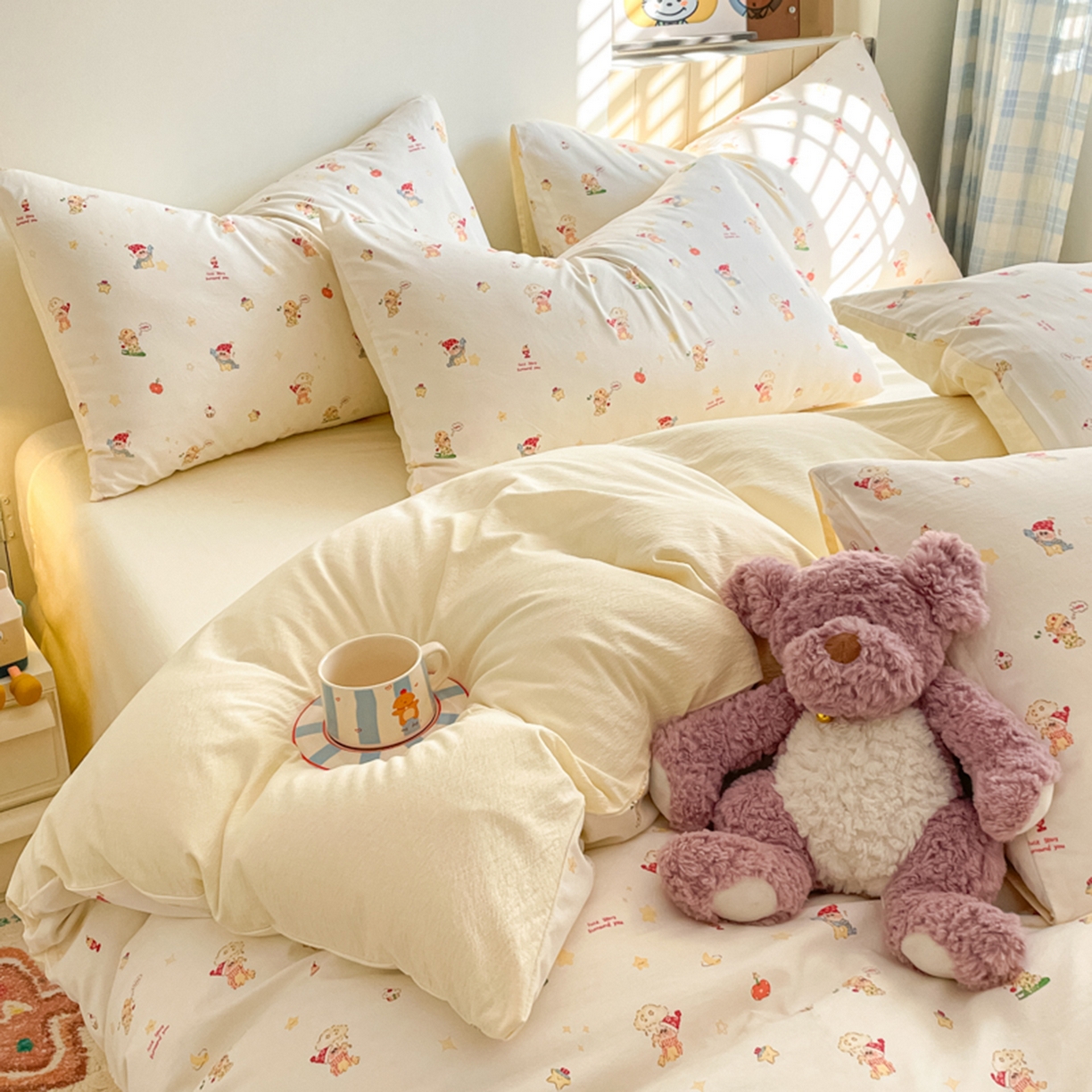 91家纺网 家纺一手货源 找家纺 云玲时尚 2026新款古法水洗仿棉云感纱四件套 奶味星人