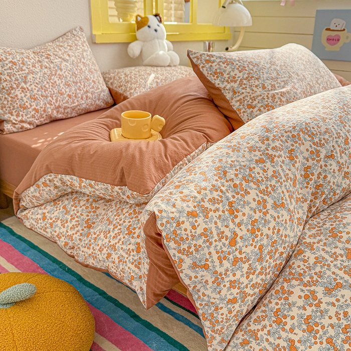 91家纺网 家纺一手货源 找家纺 云玲时尚 2026新款云感双层纱印花四件套 橘园