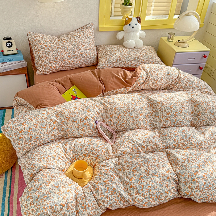 91家纺网 家纺一手货源 找家纺 云玲时尚 2026新款云感双层纱印花四件套 橘园