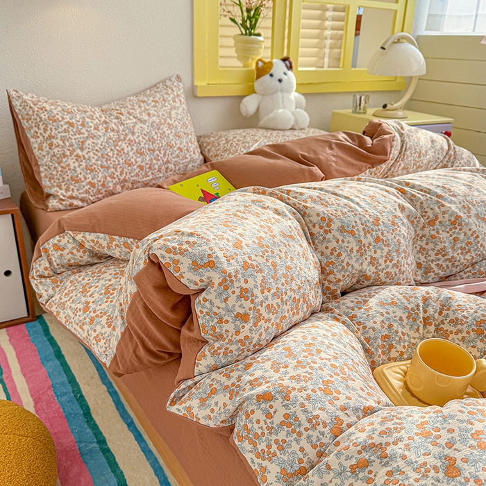 91家纺网 家纺一手货源 找家纺 云玲时尚 2026新款云感双层纱印花四件套 橘园