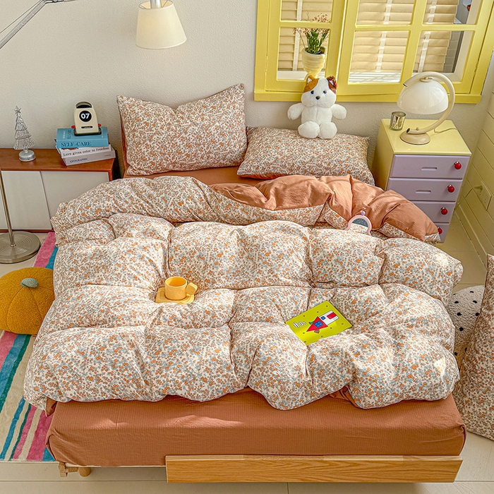 91家纺网 家纺一手货源 找家纺 云玲时尚 2026新款云感双层纱印花四件套 橘园