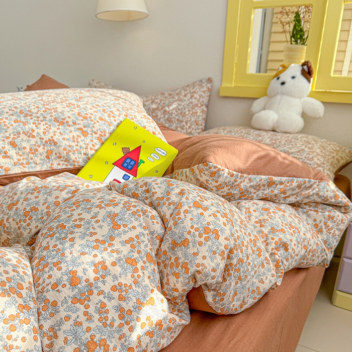 91家纺网 家纺一手货源 找家纺 云玲时尚 2026新款云感双层纱印花四件套 橘园