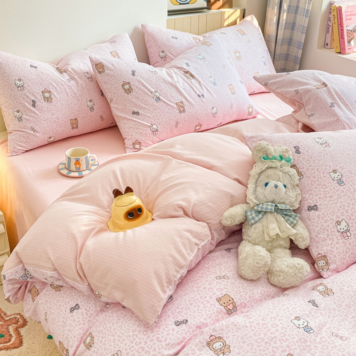 91家纺网 家纺一手货源 找家纺 云玲时尚 2026新款古法水洗仿棉云感纱四件套 俏皮豹纹-kt-粉