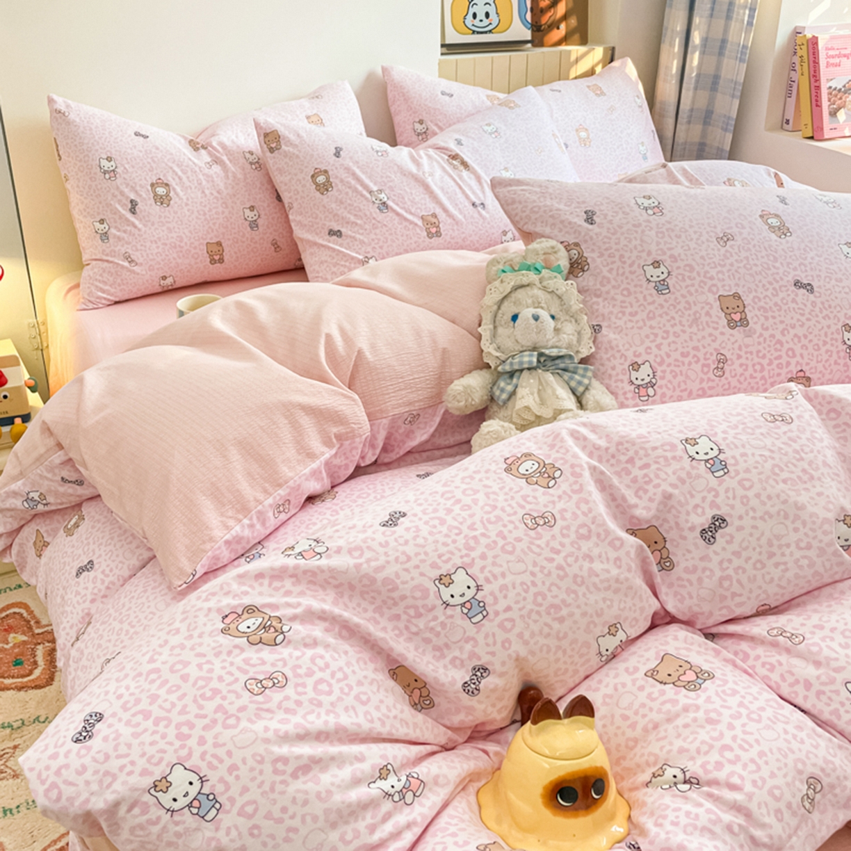 91家纺网 家纺一手货源 找家纺 云玲时尚 2026新款古法水洗仿棉云感纱四件套 俏皮豹纹-kt-粉