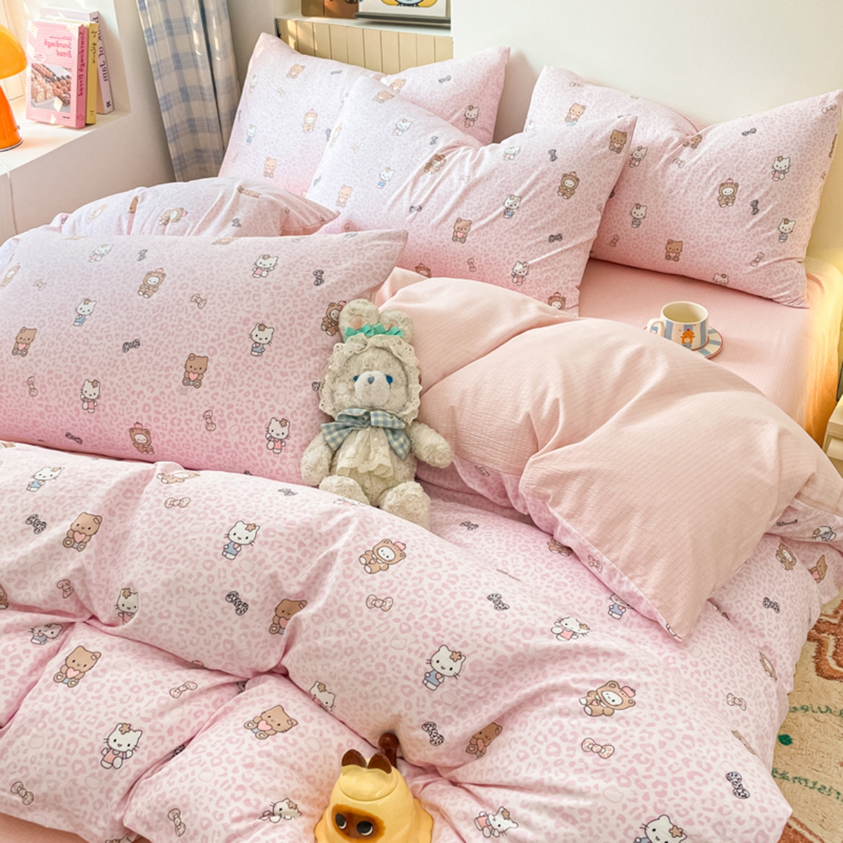 91家纺网 家纺一手货源 找家纺 云玲时尚 2026新款古法水洗仿棉云感纱四件套 俏皮豹纹-kt-粉