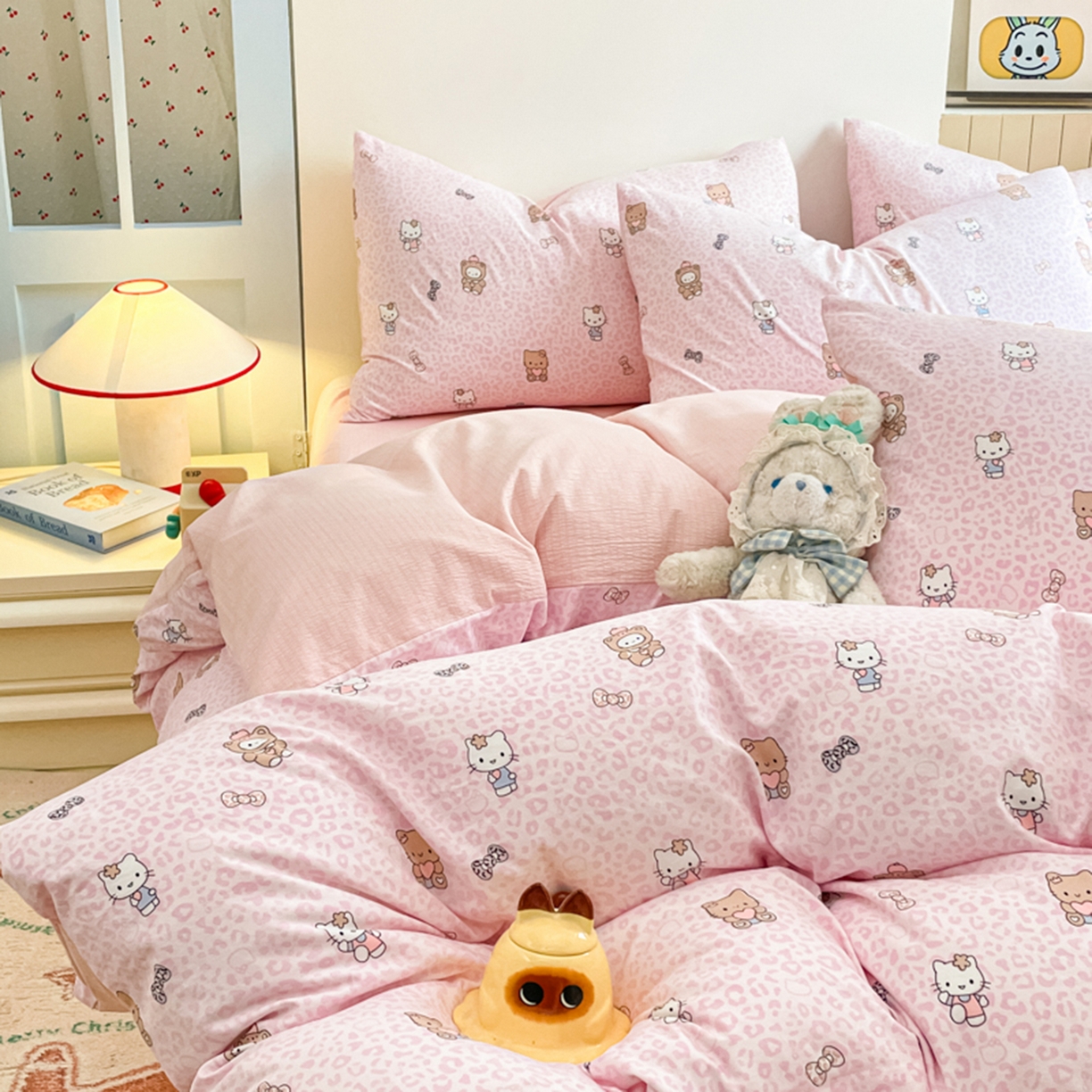 91家纺网 家纺一手货源 找家纺 云玲时尚 2026新款古法水洗仿棉云感纱四件套 俏皮豹纹-kt-粉