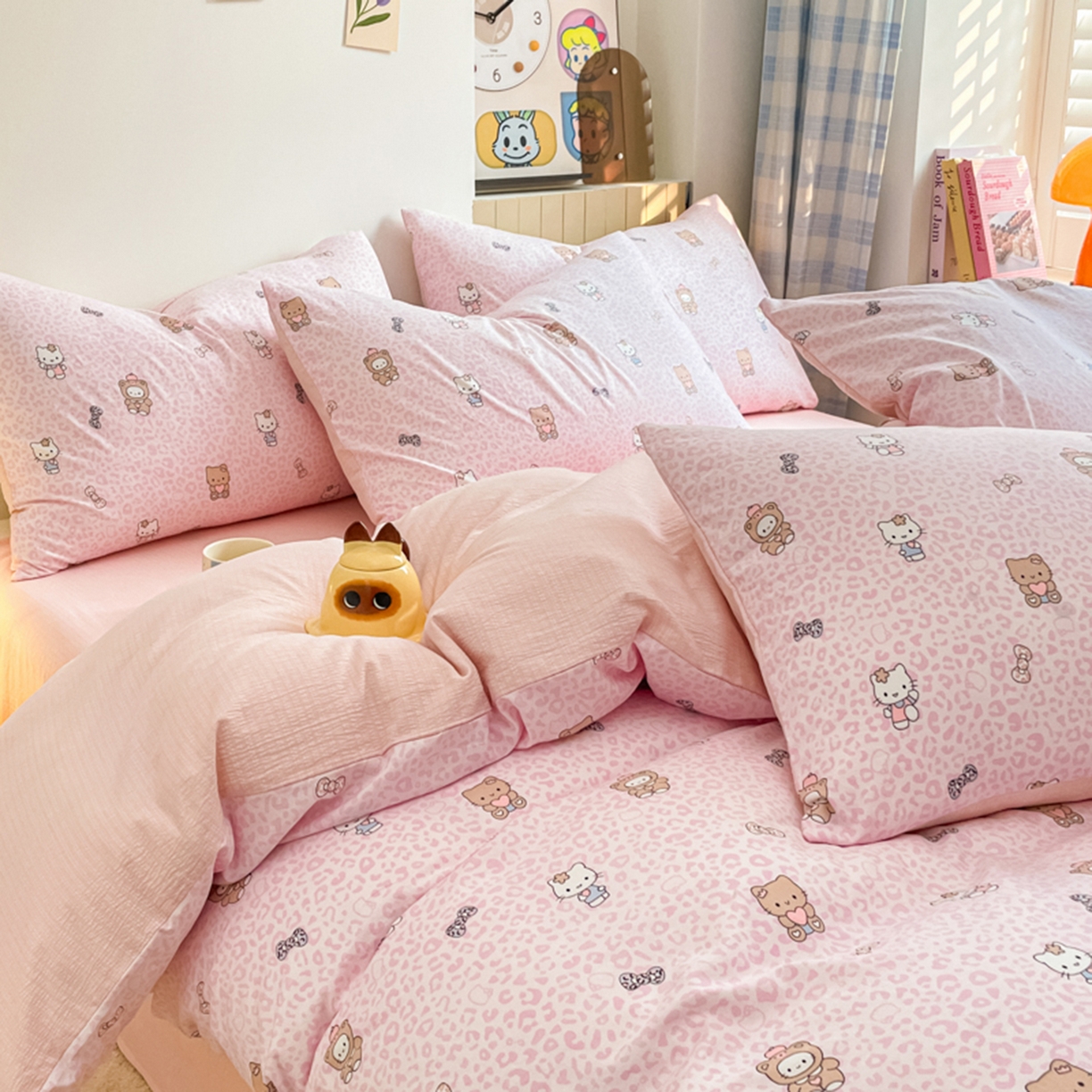 91家纺网 家纺一手货源 找家纺 云玲时尚 2026新款古法水洗仿棉云感纱四件套 俏皮豹纹-kt-粉