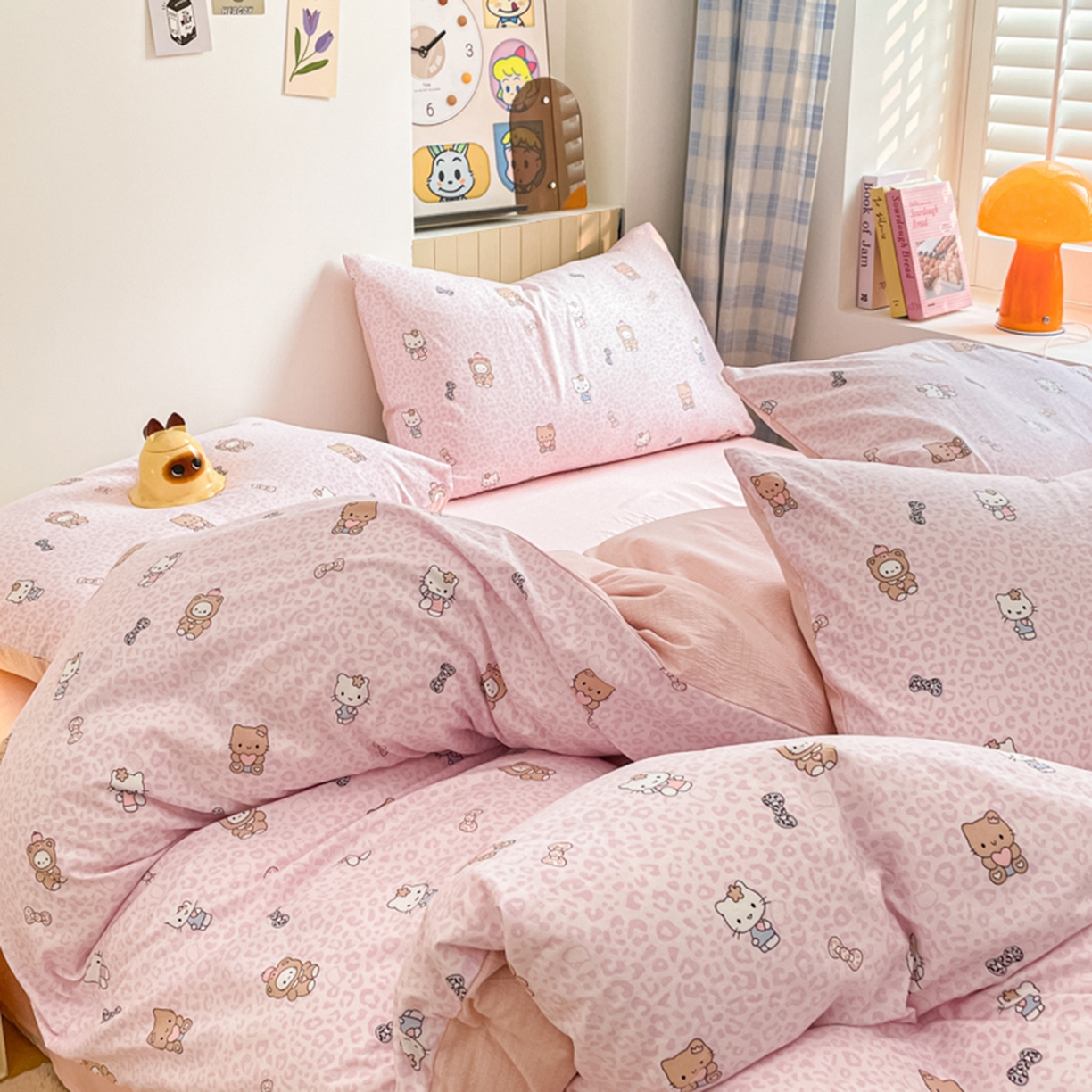 91家纺网 家纺一手货源 找家纺 云玲时尚 2026新款古法水洗仿棉云感纱四件套 俏皮豹纹-kt-粉