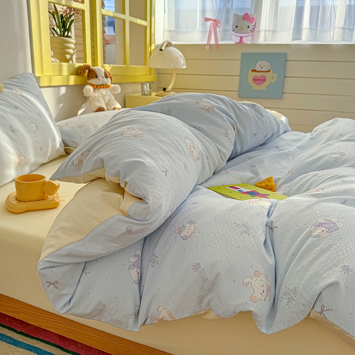 91家纺网 家纺一手货源 找家纺 云玲时尚 2026新款云感双层纱印花四件套 蓝蓝小奶狗