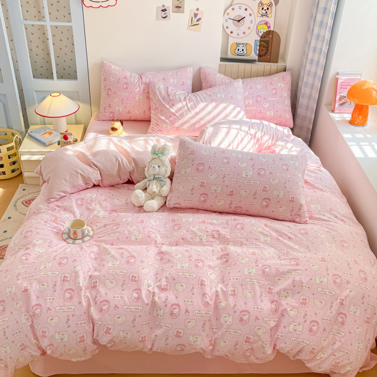 91家纺网 家纺一手货源 找家纺 云玲时尚 2026新款古法水洗仿棉云感纱四件套 甜品小猫