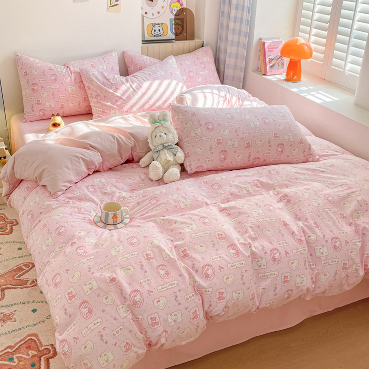 91家纺网 家纺一手货源 找家纺 云玲时尚 2026新款古法水洗仿棉云感纱四件套 甜品小猫