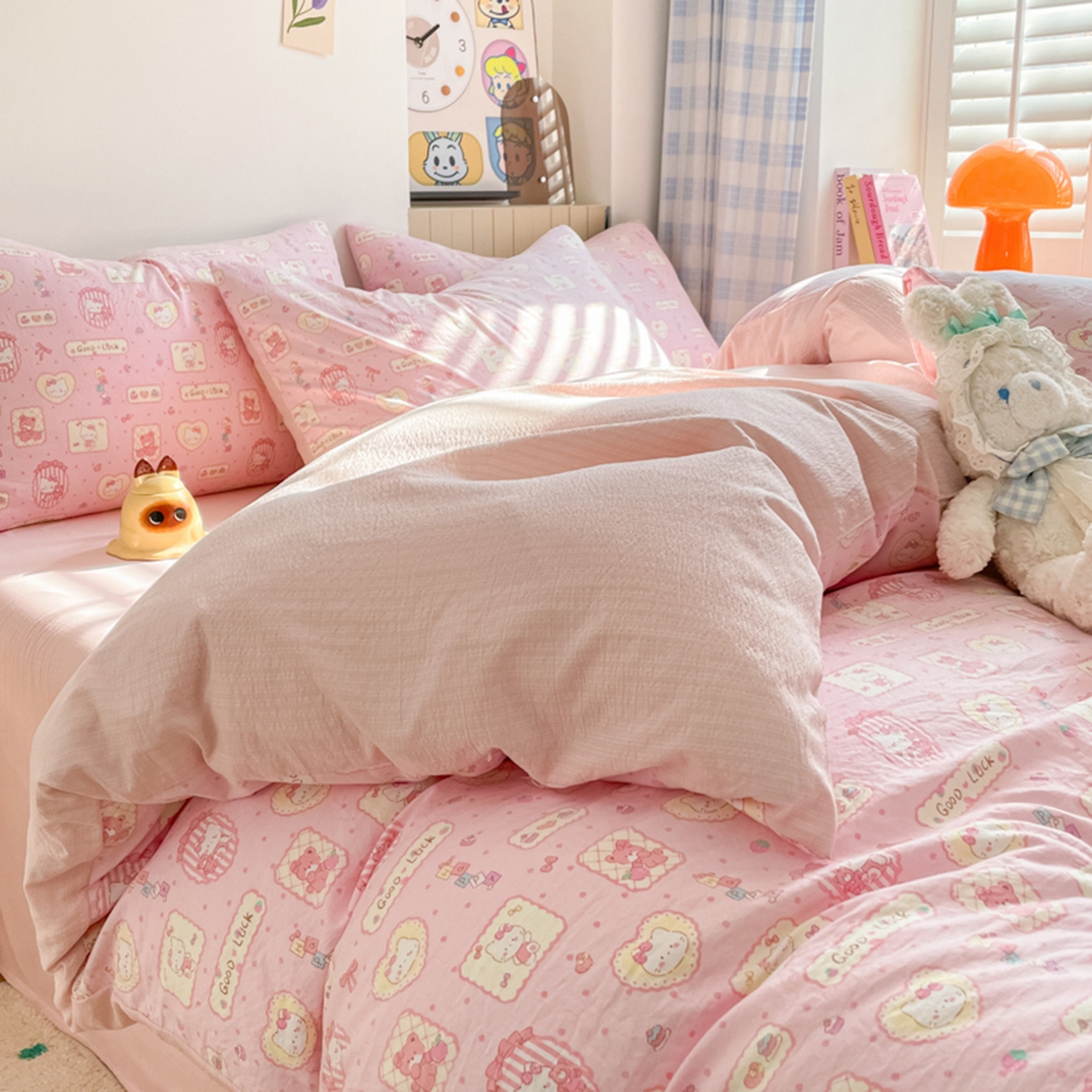 91家纺网 家纺一手货源 找家纺 云玲时尚 2026新款古法水洗仿棉云感纱四件套 甜品小猫