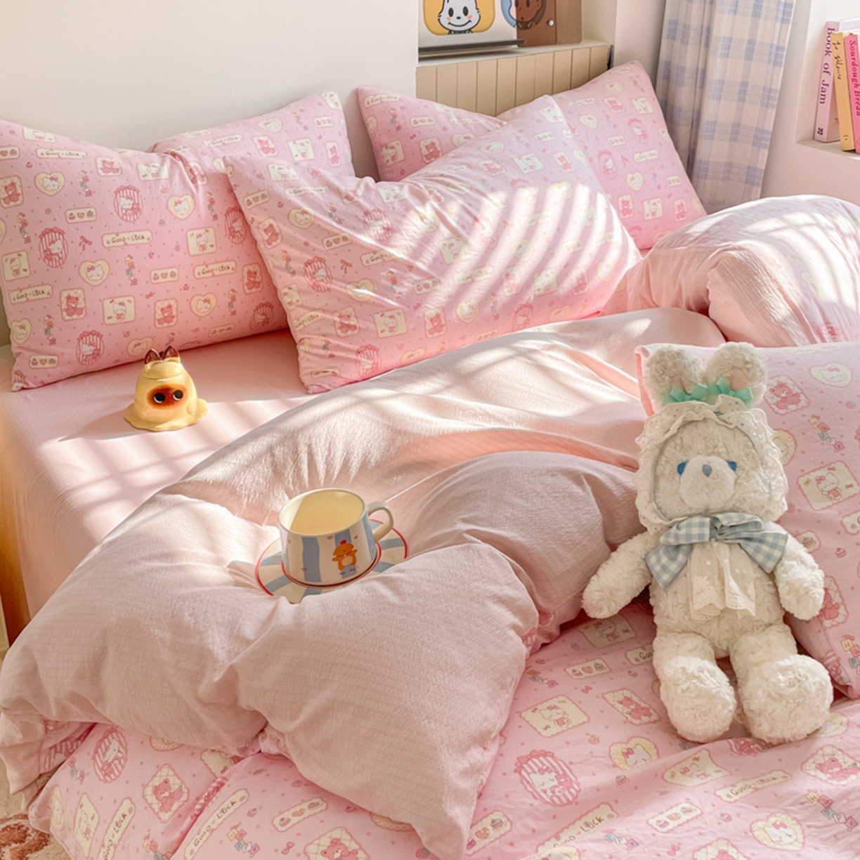 91家纺网 家纺一手货源 找家纺 云玲时尚 2026新款古法水洗仿棉云感纱四件套 甜品小猫