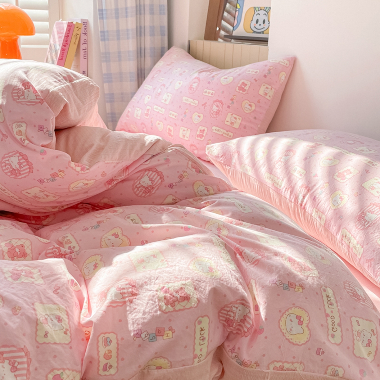 91家纺网 家纺一手货源 找家纺 云玲时尚 2026新款古法水洗仿棉云感纱四件套 甜品小猫