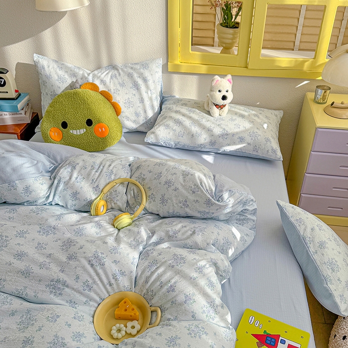 云玲时尚 2026新款云感双层纱印花四件套 蓝萱