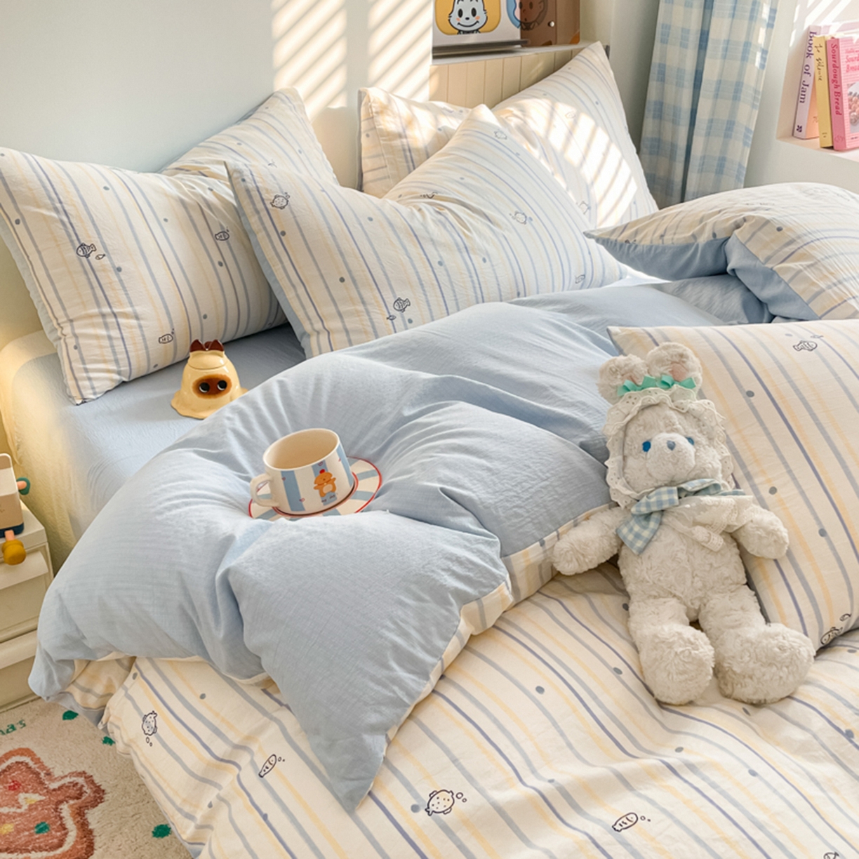 91家纺网 家纺一手货源 找家纺 云玲时尚 2026新款古法水洗仿棉云感纱四件套 小鱼的心事