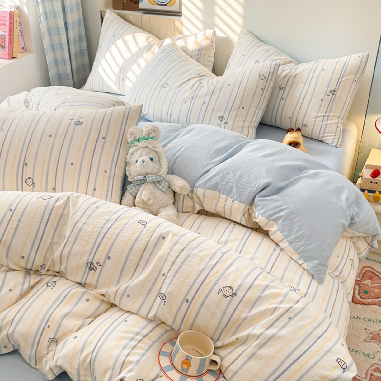 91家纺网 家纺一手货源 找家纺 云玲时尚 2026新款古法水洗仿棉云感纱四件套 小鱼的心事