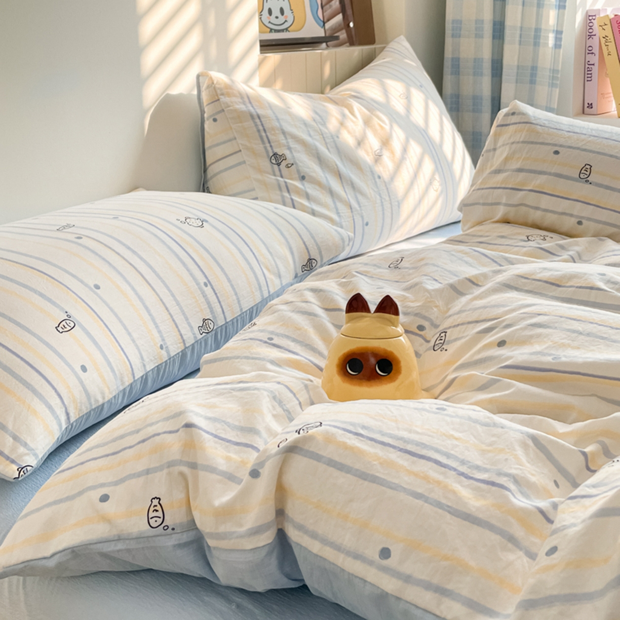 91家纺网 家纺一手货源 找家纺 云玲时尚 2026新款古法水洗仿棉云感纱四件套 小鱼的心事