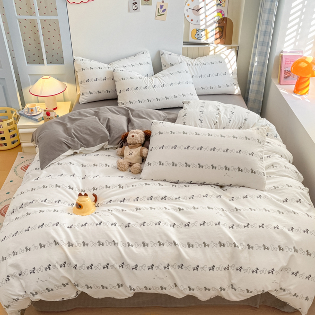 91家纺网 家纺一手货源 找家纺 云玲时尚 2026新款古法水洗仿棉云感纱四件套 旋转木马