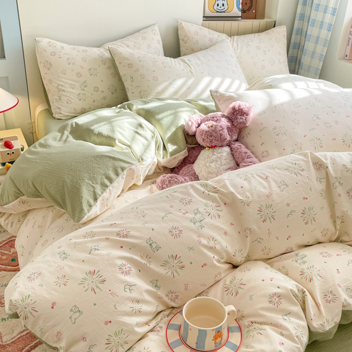 91家纺网 家纺一手货源 找家纺 云玲时尚 2026新款古法水洗仿棉云感纱四件套 烟花星语