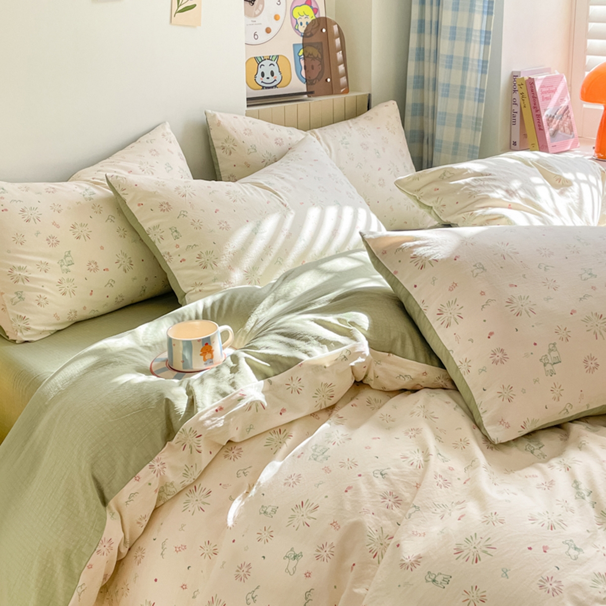 91家纺网 家纺一手货源 找家纺 云玲时尚 2026新款古法水洗仿棉云感纱四件套 烟花星语