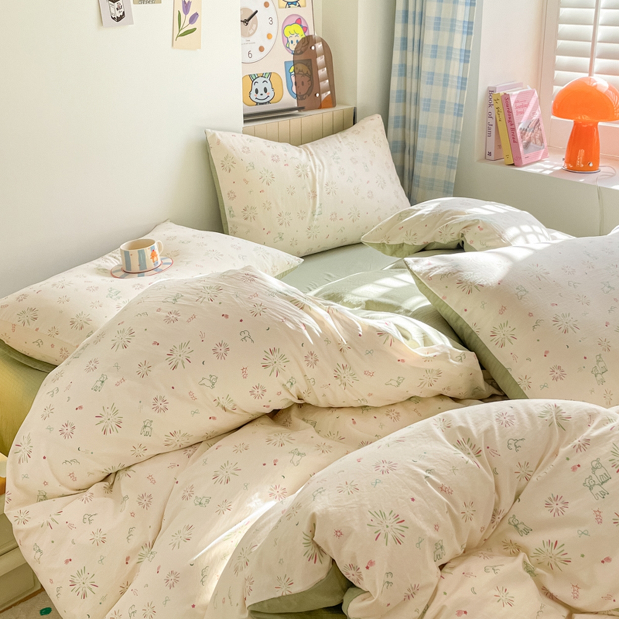 91家纺网 家纺一手货源 找家纺 云玲时尚 2026新款古法水洗仿棉云感纱四件套 烟花星语