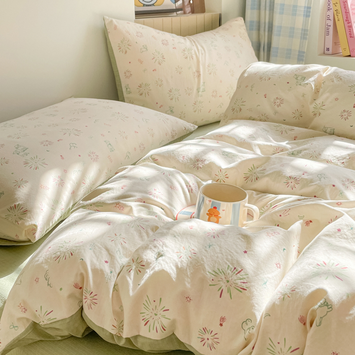 91家纺网 家纺一手货源 找家纺 云玲时尚 2026新款古法水洗仿棉云感纱四件套 烟花星语