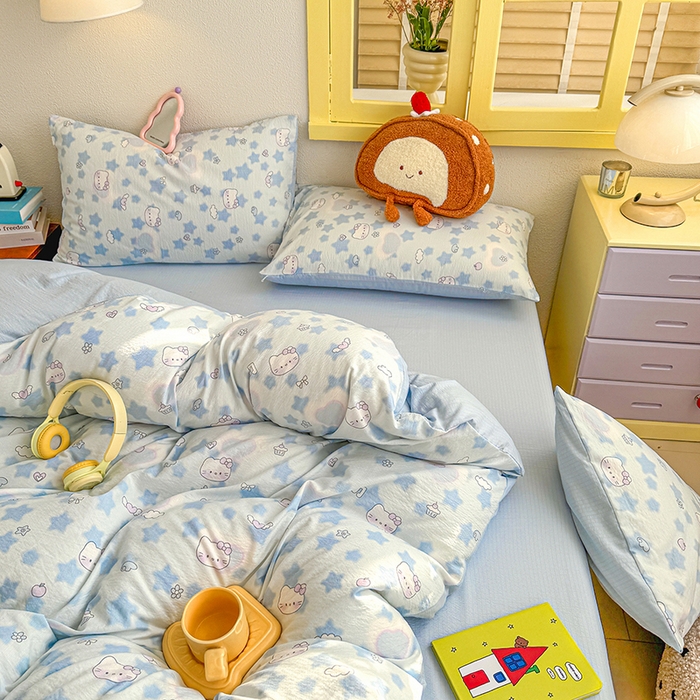 云玲时尚 2026新款云感双层纱印花四件套 小猫数星星