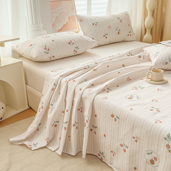 91家纺网 家纺一手货源 找家纺 爱彼家纺 2026新款马上发财新布料细沙三枚缎全新工艺老粗布凉席席子床单三件套-马年系列一 草莓条纹