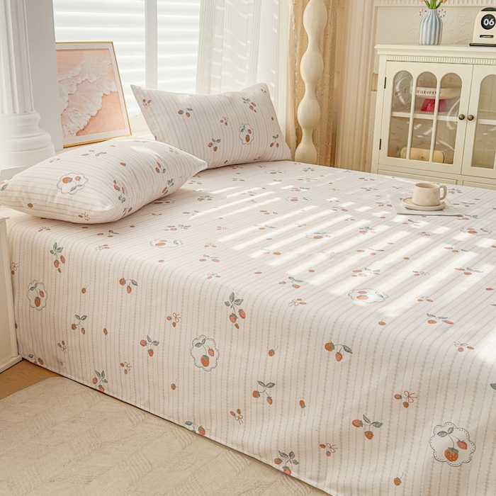 91家纺网 家纺一手货源 找家纺 爱彼家纺 2026新款马上发财新布料细沙三枚缎全新工艺老粗布凉席席子床单三件套-马年系列一 草莓条纹