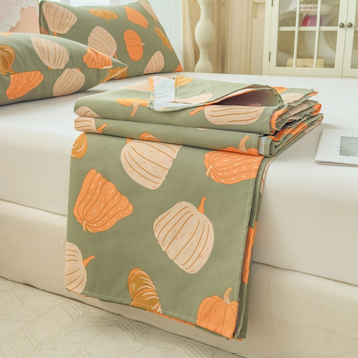 91家纺网 家纺一手货源 找家纺 爱彼家纺 2026新款马上发财新布料细沙三枚缎全新工艺老粗布凉席席子床单三件套-马年系列一 南瓜颂