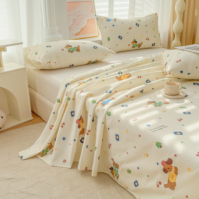 91家纺网 家纺一手货源 找家纺 爱彼家纺 2026新款马上发财新布料细沙三枚缎全新工艺老粗布凉席席子床单三件套-马年系列一 甜樱萌犬