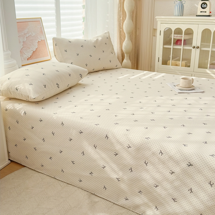 91家纺网 家纺一手货源 找家纺 爱彼家纺 2026新款马上发财新布料细沙三枚缎全新工艺老粗布凉席席子床单三件套-马年系列一 波点蝴蝶结