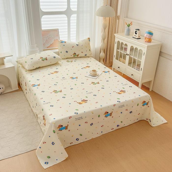 91家纺网 家纺一手货源 找家纺 爱彼家纺 2026新款马上发财新布料细沙三枚缎全新工艺老粗布凉席席子床单三件套-马年系列一 甜樱萌犬