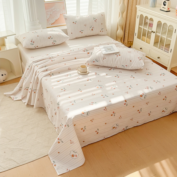 91家纺网 家纺一手货源 找家纺 爱彼家纺 2026新款马上发财新布料细沙三枚缎全新工艺老粗布凉席席子床单三件套-马年系列一 草莓条纹