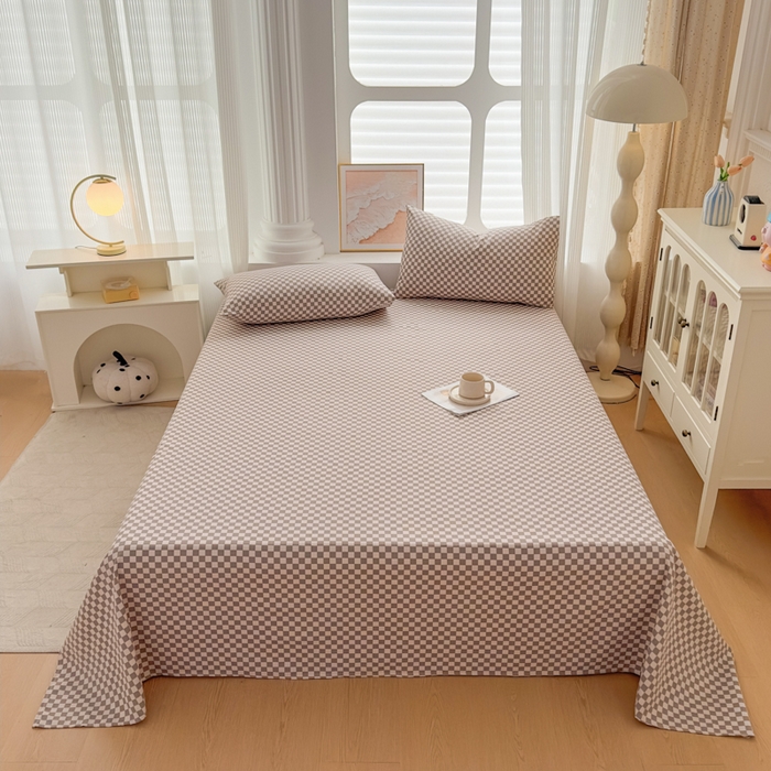 91家纺网 家纺一手货源 找家纺 爱彼家纺 2026新款马上发财新布料细沙三枚缎全新工艺老粗布凉席席子床单三件套-马年系列一 咖格棋