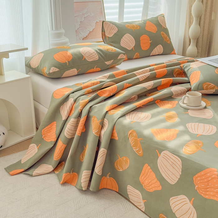 91家纺网 家纺一手货源 找家纺 爱彼家纺 2026新款马上发财新布料细沙三枚缎全新工艺老粗布凉席席子床单三件套-马年系列一 南瓜颂