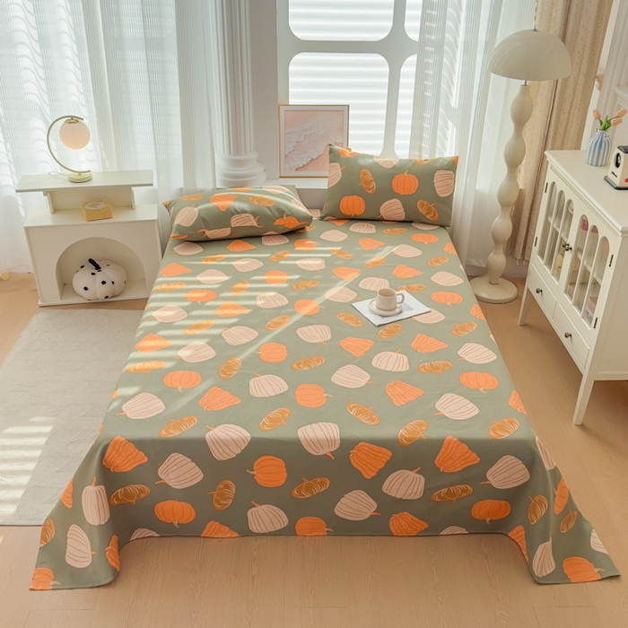 91家纺网 家纺一手货源 找家纺 爱彼家纺 2026新款马上发财新布料细沙三枚缎全新工艺老粗布凉席席子床单三件套-马年系列一 南瓜颂