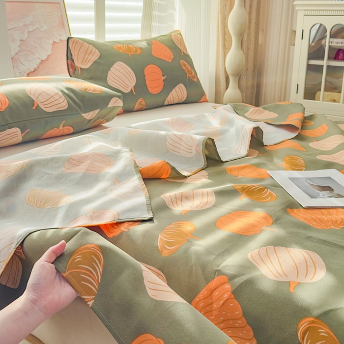 91家纺网 家纺一手货源 找家纺 爱彼家纺 2026新款马上发财新布料细沙三枚缎全新工艺老粗布凉席席子床单三件套-马年系列一 南瓜颂