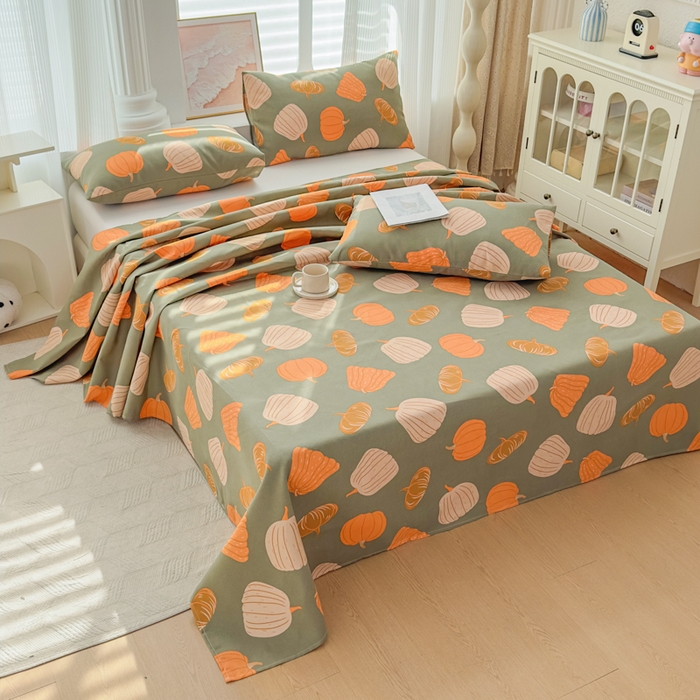 91家纺网 家纺一手货源 找家纺 爱彼家纺 2026新款马上发财新布料细沙三枚缎全新工艺老粗布凉席席子床单三件套-马年系列一 南瓜颂