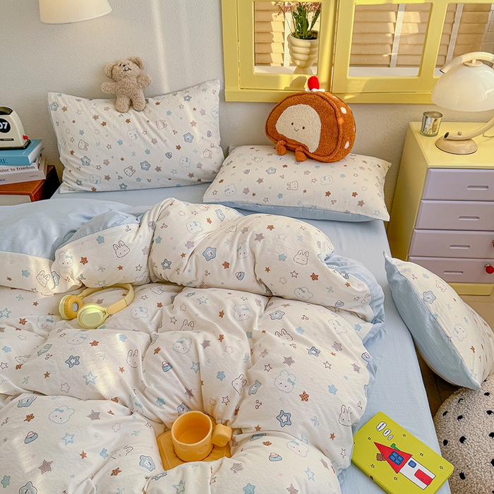 云玲时尚 2026新款云感双层纱印花四件套 星星兔