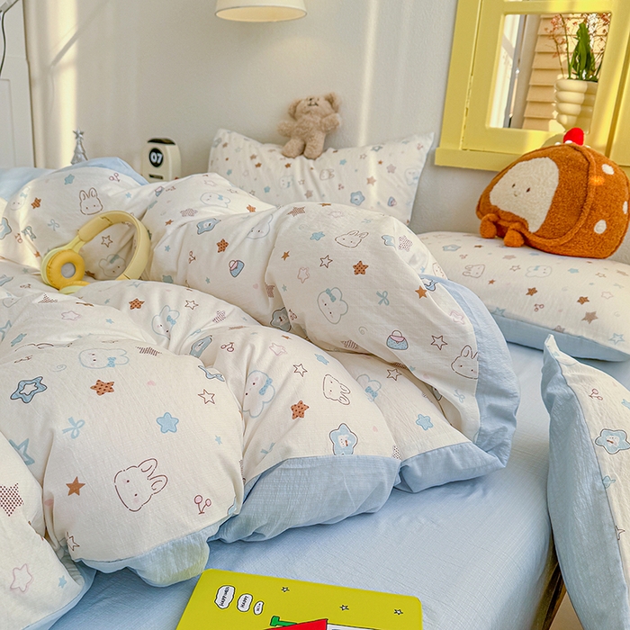 91家纺网 家纺一手货源 找家纺 云玲时尚 2026新款云感双层纱印花四件套 星星兔