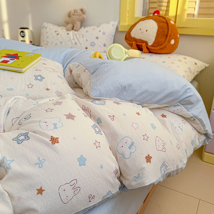 91家纺网 家纺一手货源 找家纺 云玲时尚 2026新款云感双层纱印花四件套 星星兔