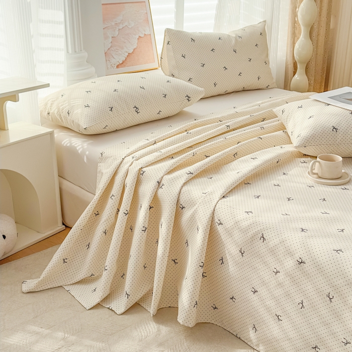 91家纺网 家纺一手货源 找家纺 爱彼家纺 2026新款马上发财新布料细沙三枚缎全新工艺老粗布凉席席子床单三件套-马年系列一 波点蝴蝶结