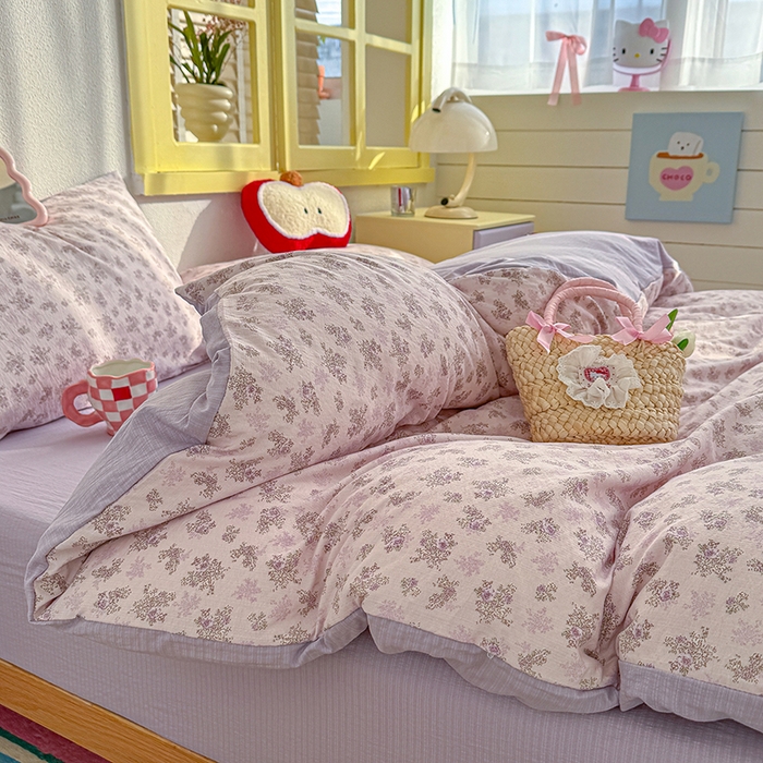 91家纺网 家纺一手货源 找家纺 云玲时尚 2026新款云感双层纱印花四件套 薰衣草